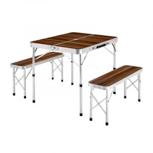 Table Pliante de Camping Valise + 2 Bancs en Aluminium Marron