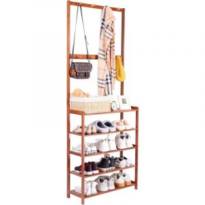 Meuble à Chaussures Entrée, Rangement Chaussure Porte Manteau en Bambou Étagère à Chaussures 5 Niveaux Porte Chaussures avec 8 Crochets pour Entrée
