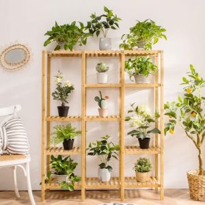 Goplus - Support de pot pour Plantes en Bambou, Etagères à 5 Niveaux pour 12 Pots de Plantes, Support Plantes Fleurs Idéal pour Salon, Balcon,