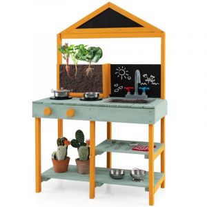 Cuisine Enfants Ext&eacute;rieure 8 Accessoires avec Tableau Noir & Jardini&egrave;re en Bois de Sapin Robinet Rotatif & Evier Amovible