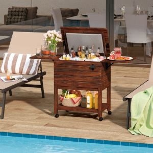 Glaci&egrave;re &agrave; Roulette en Bois de 51L Chariot Isothermique avec &Eacute;tag&egrave;res et D&eacute;capsuleur Roues de Verrouillage Brun