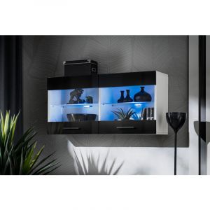 Vitrine Armoire Savona, Blanc/Noir, Largeur 100 cm x Hauteur 50 cm x Profondeur 30 cm, sans led, 2 &eacute;tag&egrave;res, pour Salon, Chambre, Entr&eacute;e, Cuisine