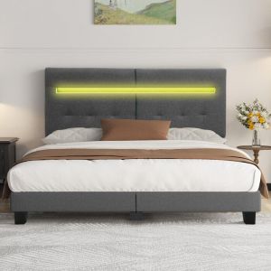 Lit 140x190 cm Inre Lit Double avec Tête de Lit en Tissu et Lampe Leds - Lit Capitonné avec Sommier à Lattes - Lit Adulte - Gris Foncé
