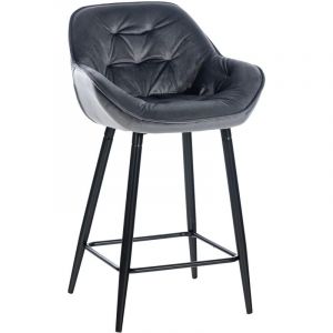 D&eacute;coshop26 - Tabouret de bar chaise haute x1 assise effet capitonn&eacute;e en velours gris fonc&eacute; et m&eacute;tal noir 100004892