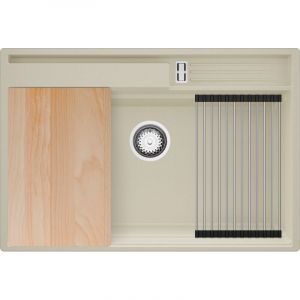 PRIMAGRAN Evier Cuisine en Granit 78x53cm,Lavabo 1 bac + Kit de Vidage + Accessoires, &Eacute;vier &agrave; Encastrer au meuble 80cm - Oslo Pocket, Beige