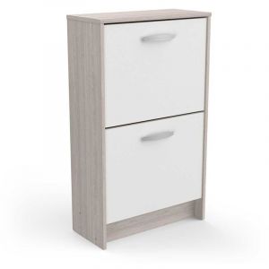 Commode meuble &agrave; chaussures 2 abattants 8 paires couleur ch&ecirc;ne / blanc mat - Largeur 53,9 x Profondeur 24,4 x Hauteur 90,6 cm
