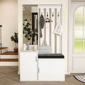 Meuble d'entr&eacute;e multifonctionnel avec miroir, banc et Porte-Manteau,Coussin d'assise amovible, 100x40x180cm, Blanc