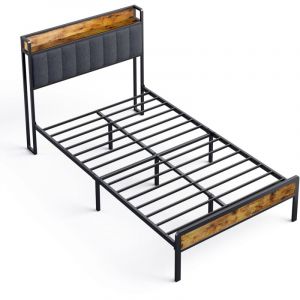 Bealife - Lit Simple 120 x 200 en M&eacute;tal avec T&ecirc;te de lit Capitonn&eacute;e en Tissu pour Rangement Sommier &agrave; Lattes Lit Enfant Adolescent Noir et Gris Fonc&eacute;