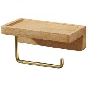 Porte Papier Toilette Double Installation Bois Massif H&ecirc;tre D&eacute;rouleur Support Papier WC Mural Auto-adh&eacute;sif Coins Arrondis Porte Rouleau de Papier