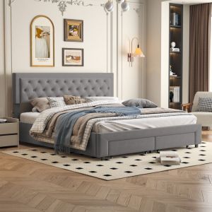 Lit coffre tiroir 160x200, lit coffre avec sommier à lattes, lit adulte 160x200, lit double capitonné avec 2 tiroirs, velours, Gris