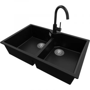 Primagran - Evier Cuisine en Granit 78x50cm, Lavabo 2 bacs + Robinet 32x20cm + Kit de Vidage, Évier à Encastrer au meuble 80cm - Madrid Twin, Noir