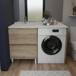 Meuble pour lave-linge idea, plan vasque déportée 124 cm x 65 cm- Bois- Vasque à gauche