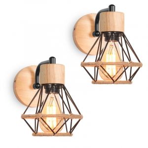 2PCS Applique Murale Rétro Lampe Murale Vintage En Fer Et Bois Rétro Cage Design Noir Lampe Murale Interieur Pour Salon Cuisine Couloir