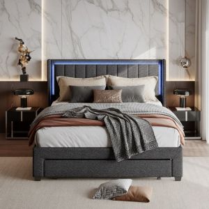 Lit Adulte Double 160x200 cm Gris Foncé avec Grand Tiroir - Tête de Lit Design Cannelé avec Éclairage LED RGB et Ports USB A+C