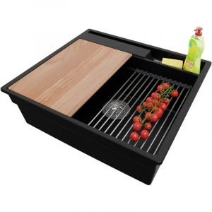 Primagran - Evier Cuisine en Granit 58x53cm, Lavabo 1 bac + Kit de Vidage + Accessoires, &Eacute;vier &agrave; Encastrer au meuble 60cm - Oslo Pocket, Noir