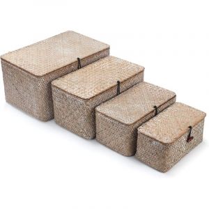 Panier en Osier avec Couvercle, Panier de Rangement en Jonc de Mer, Bo&icirc;te D&eacute;coratif Tiss&eacute; pour l'organisation des &eacute;tag&egrave;res, Blanc