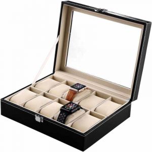 Coffret/Présentoir/Boîte/boîtier à Montre Bijoux Coffret de Rangement pour Montres avec Serrure Imitation Cuir Noir (10 emplacements),