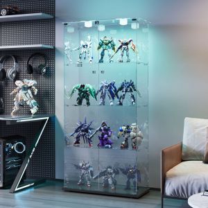 Vitrine &agrave; 4 &eacute;tag&egrave;res avec LED, en verre tremp&eacute;, avec Poign&eacute;e M&eacute;tal et Fermeture &agrave; Cl&eacute;, base noir, 78.5x35x163 cm