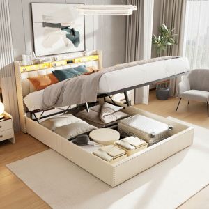 Lit capitonn&eacute; 140x200 cm, avec LED, charge USB de type c, cadre de lit avec espace de rangement et sommier &agrave; lattes, lit coffre pour adolescent, lit