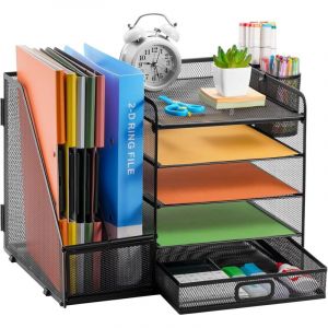 Organisateur de Bureau avec Porte-Documents,5 Niveaux - Porte-Lettres avec Tiroir et 2 Porte-Stylos - Compartiments de Rangement en Maille pour