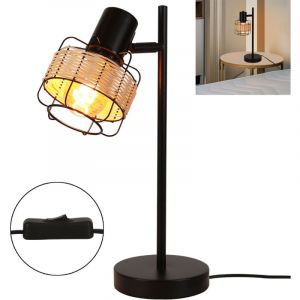 Lampe &agrave; poser vintage country lampe de table - lampe de chevet en rotin boh&egrave;me salon rustique E27 lampadaire petit m&eacute;tal noir industriel en bambou