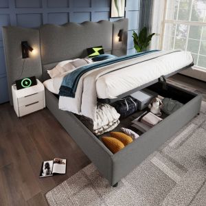 Lit coffre 160 x 200 cm lit double avec lampe de lecture et chargement usb Type-C, en bois massif et métal, gris lin, matelas inclus