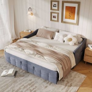 Lit gigogne 90/180x200 cm, Lit roulant 90/180x200 cm, avec lit escamotable, poches lat&eacute;rales, tissu velours, base &agrave; lattes, canap&eacute;-lit extensible