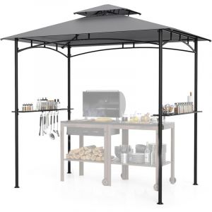 Abri Barbecue 242 x 150 cm, Tonnelle de Barbecue avec Toit à 2 Niveaux, 2 Étagères Latérales, 6 Crochets, 8 Clous de Terre, Tente de Barbecue