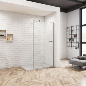 Ocean Sanitaire - Oc&eacute;an Paroi de Douche Italienne 70x190cm - Barre de Stabilisation 140cm, Verre Tremp&eacute; 8mm - 2 &eacute;tag&egrave;res en verre incluses