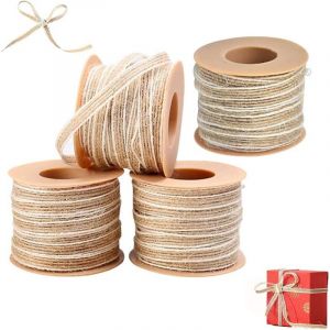 4 Pi&egrave;ces Ruban de Toile de Jute, Ruban de Jute 10M, Ruban de Jute avec Dentelle, Ruban de Chanvre Naturel, Ruban Artisanal, Rouleau de Ruban en Toile