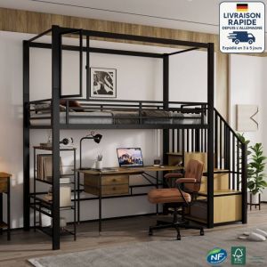 Lit mezzanine 90x200cm - lit en fer - industriel - Escalier avec penderie et meubles de rangement - Fen&ecirc;tres avec panneaux acryliques magn&eacute;tiques