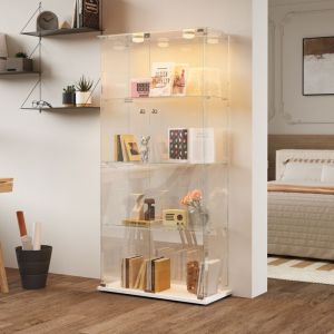 Vitrine &agrave; 4 &eacute;tag&egrave;res avec LED, en verre tremp&eacute;, avec Poign&eacute;e M&eacute;tal et Fermeture &agrave; Cl&eacute;, base blanc, 78.5x35x163 cm