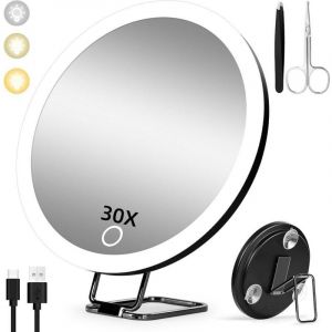 Miroir grossissant avec lumi&egrave;re 30X, 15cm 3 Modes de Couleur Dimming Miroir de Maquillage Lumineux 30X, Grand Miroir Grossissant de Voyage
