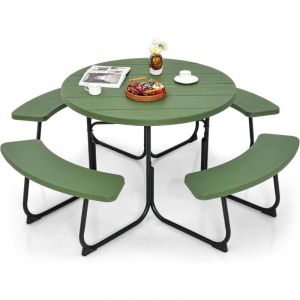 GOPLUS Table de Pique-Nique avec 4 Bancs Int&eacute;gr&eacute;s pour 4 &agrave; 8 Personnes, Table Jadin Exterieur en HDPE avec Trou pour Parasol,Ronde en Plein Air,