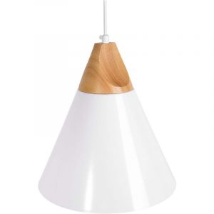 Lampe Suspension Moderne en Aluminium Blanc et Bois Clair E27 40W avec Abat-jour Conique D&eacute;coratif pour Int&eacute;rieurs Scandinaves et Minimalistes Beliani