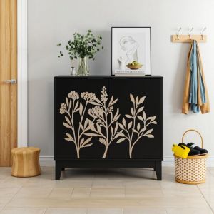 Meuble de Rangement - Buffet multifonctionnel - 80 x 38 x 76 cm - motif floral sculpté - avec 2 portes et étagères réglables -Séparateurs intérieurs