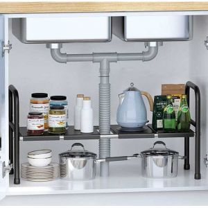 &Eacute;tag&egrave;re extensible sous &eacute;vier, &eacute;tag&egrave;re de rangement de cuisine, &eacute;tag&egrave;re &agrave; chaussures avec 4 plaques amovibles, longueur/hauteur r&eacute;glable