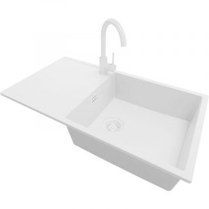 Primagran - Evier Cuisine en Granit 90x50cm, Lavabo 1 bac + Robinet 32x20cm + Kit de Vidage, &Eacute;vier &agrave; Encastrer au meuble 60cm - Ibiza, Tout Blanc