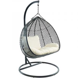 Fauteuil suspendu 2 places en r&eacute;sine tress&eacute;e - Noir et coussin blanc - VAHINA de MYLIA