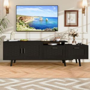 Meuble TV Extensible en Finition Ch&ecirc;ne avec Fronton en Rotin - Bas de T&eacute;l&eacute;vision avec 2 Portes et 2 Tiroirs, Design Naturel pour Salon ou Salle &agrave;