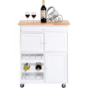 Desserte de Cuisine Roulante Chariot de Service avec 1 Tiroir 2 Armoires 1 Casier à Vin en Bois 67x37x865cm Blanc design in