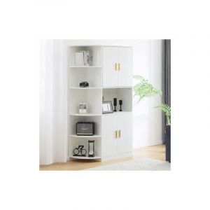 Vitrine 180 cm, avec étagères d'angle et poignées dorées, pour cuisines, salon, blanc