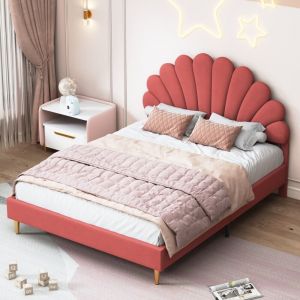 Lit double capitonné 140x190 cm, tissu velours, avec sommier à latte, tête de lit en forme de fleur, lit adulte style scandinave - rouge