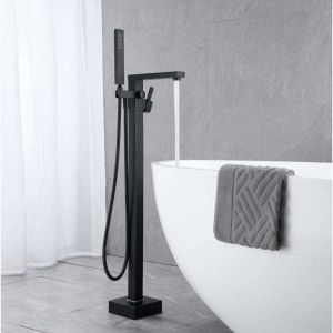 Robinet De Baignoire Avec Douchette Cascade Baignoire Robinet Mitigeur Au Sol Autoportant Melangeur Baignoire &Icirc;lot Sur Pied Avec Poign&eacute;e Noir