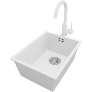Primagran - Evier Sous Plan 36x47cm, Evier en Granit 1 bac + Robinet 32x20cm + Kit de Vidage, &Eacute;vier au meuble 40cm - London, Blanc