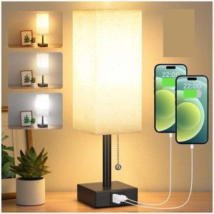 Lampe de Chevet 3 Couleur Modes(3000/4000/5000K) avec Ports de Charge usb-a+c Ampoule led Interrupteur à Chaînette, Lampe de Table pour Chambre à