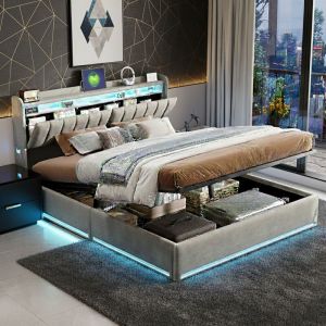 Lit coffre 140x190 cm, avec &eacute;clairage LED et port USB, lit double capitonn&eacute; avec rangement et tete de lit, pour adultes et adolescents,velours, gris