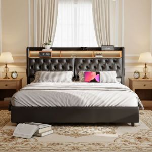 Lit adulte 180x200, lit coffre 180x200, lit double capitonné, avec éclairage LED, avec sommier à lattes, rangement, cadre de lit en métal, Noir