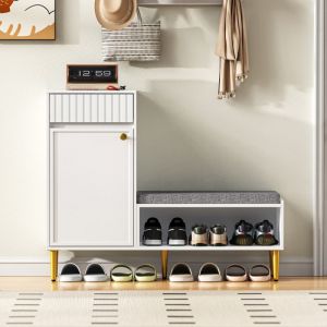 Meuble &agrave; chaussures -Banc &agrave; Chaussures Rembourr&eacute; &mdash; banc rembourr&eacute;, 1 porte, 1 tiroir, &eacute;tag&egrave;re ouverte, pieds m&eacute;tal dor&eacute;, blanc