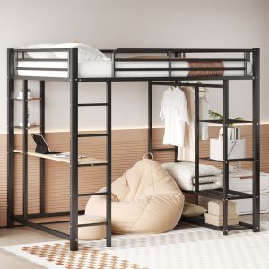 Redom - Lit mezzanine en métal avec échelle 140200 cm, lit junior lit double avec table avec cintres simples avec compartiments de rangement, noir